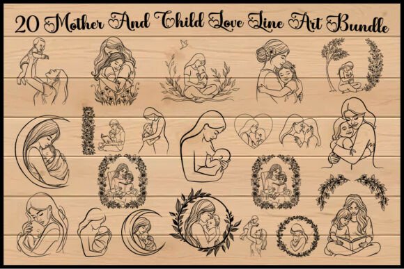 20 Mother and Child Love Line Art Bundle Graphics